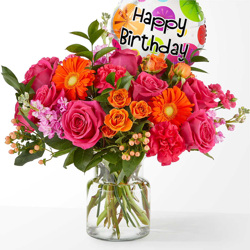 Fiesta Bouquet with Birthday Balloon – Rhea Flower Shop, Toronto ON