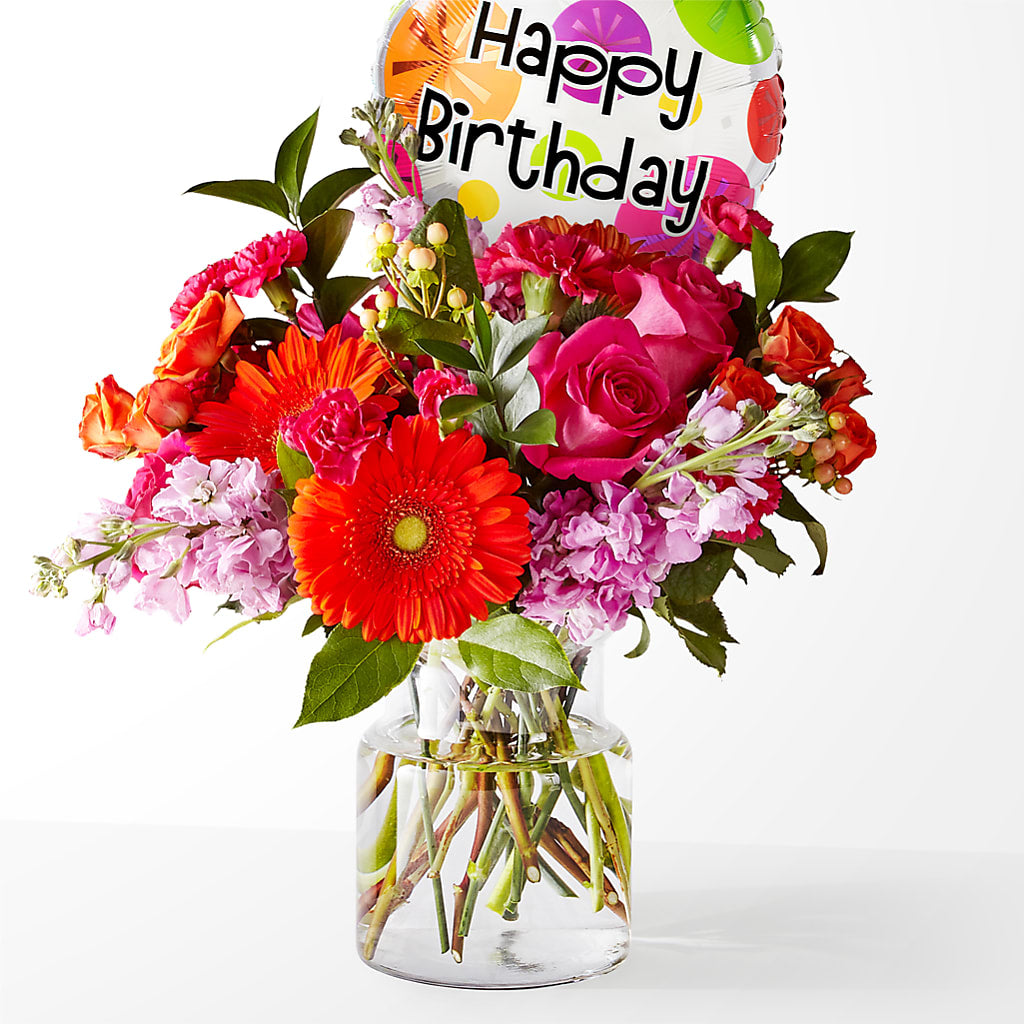 Fiesta Bouquet with Birthday Balloon – Rhea Flower Shop, Toronto ON