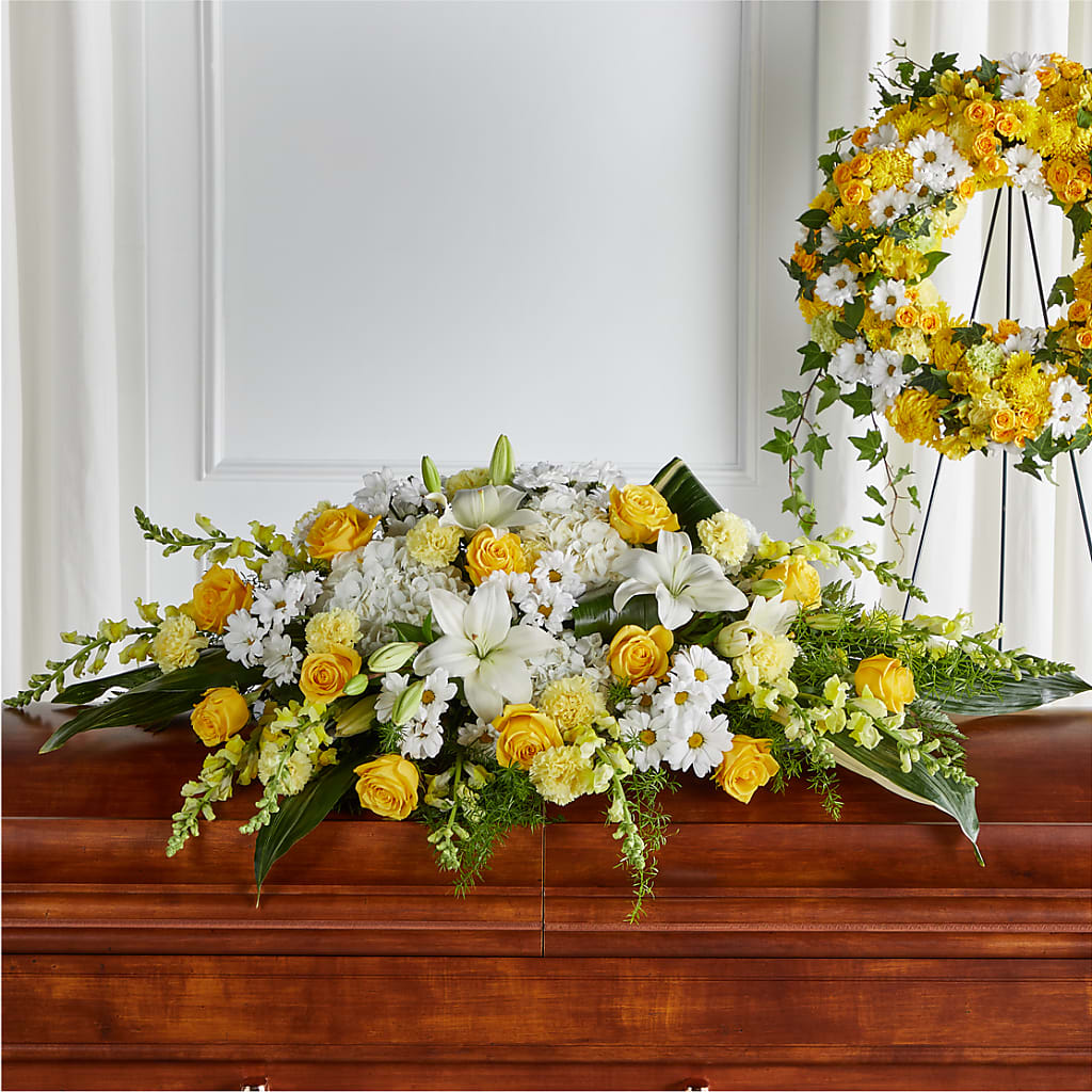 Golden Harmony Casket Spray – Rhea Flower Shop, Toronto ON