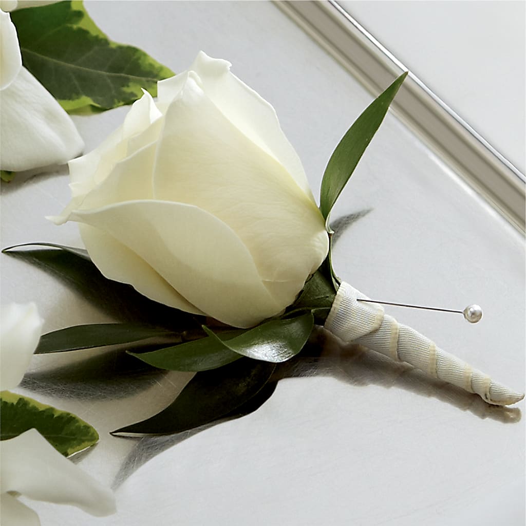 White Rose Boutonniere – Rhea Flower Shop, Toronto ON