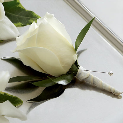 White Rose Boutonniere –  Rhea Flower Shop, Toronto ON